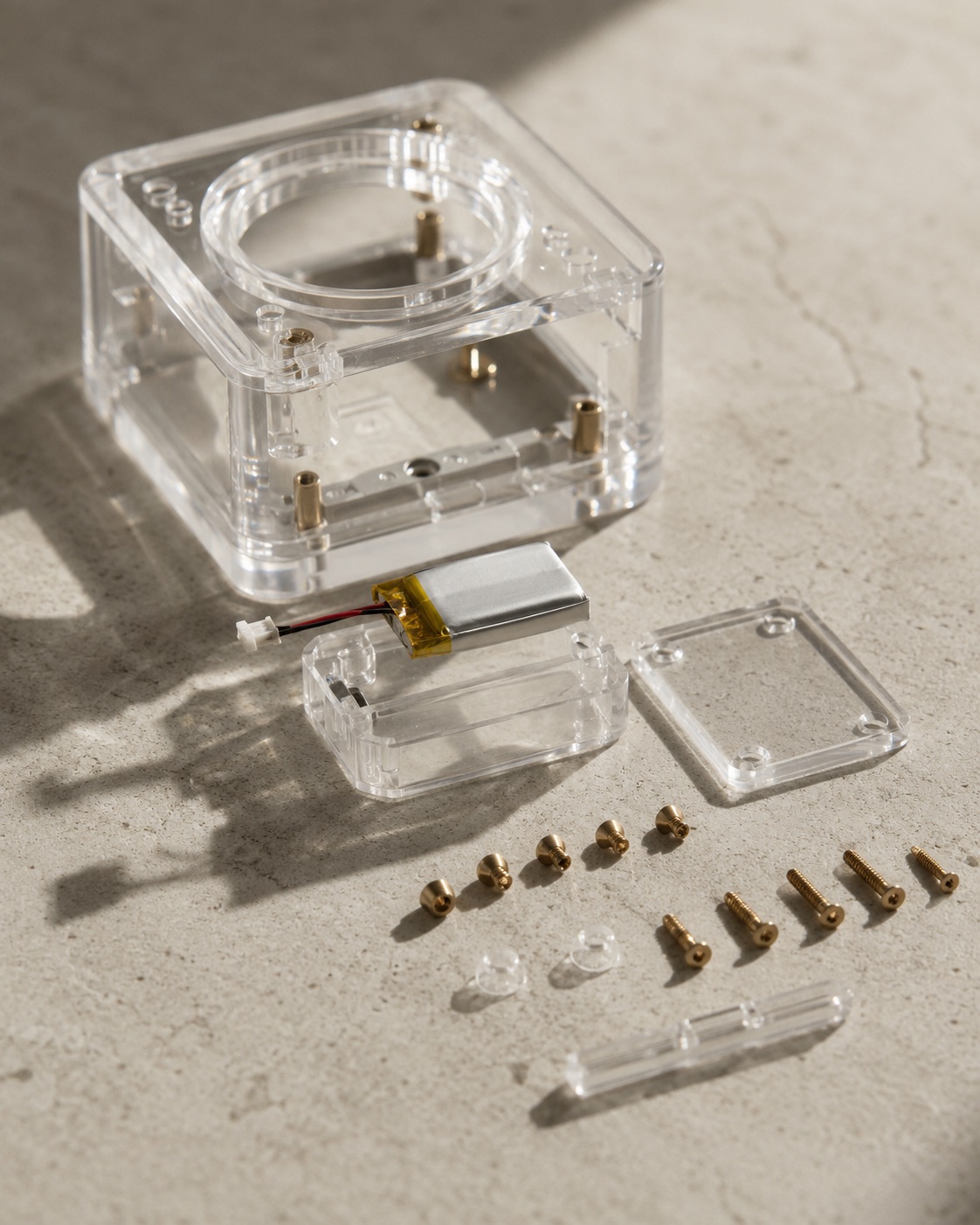 Disassembled acrylic display showing brass fixings and a removable rechargeable battery module.